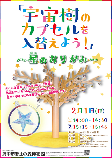 宇宙樹のカプセルを入替えよう！「星の折り紙」ポスター画像。人工物の木にカプセルが付いた「宇宙樹」の写真と、折り紙で折られた星の画像。イベント実施日時が記載されている。