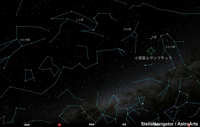 2025年4月13日、小惑星ムサシフチュウの場所が書いてある画像